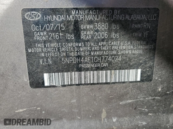 2016 Hyundai Elantra SE with VIN 5NPDH4AE1GH774024, listed as a Copart auction lot 66748634 with 126,126 mi miles and Salvage Title. Bid and sale history available at DreamBid. Image 12.