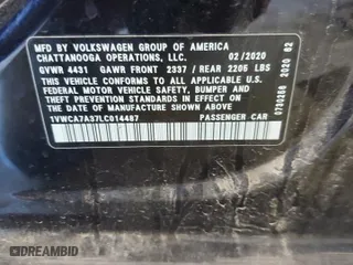 2020 Volkswagen Passat 2.0T SEL with VIN 1VWCA7A37LC014487, listed as a Copart auction lot 54011854 with 47,822 mi miles and Salvage Title. Bid and sale history available at carsss.com. Image 14.