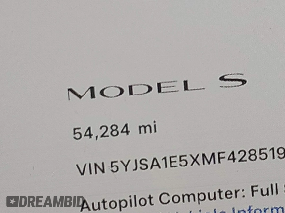 2021 Tesla Model S Long Range with VIN 5YJSA1E5XMF428519, listed as a IAAI auction lot 41926242 with 54,284 mi miles and . Bid and sale history available at DreamBid. Image 15.