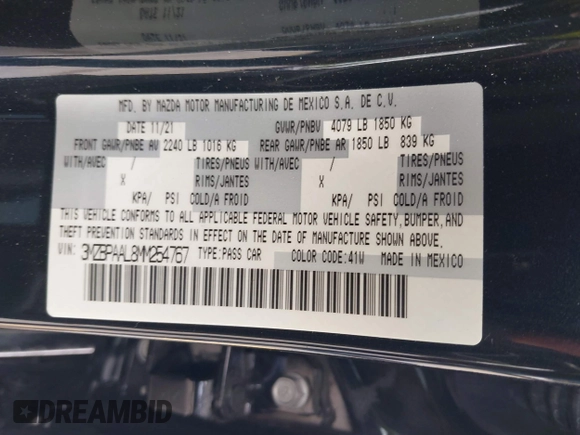 2021 Mazda 3 S with VIN 3MZBPAAL8MM254767, listed as a IAAI auction lot 42813614 with 31,704 mi miles and . Bid and sale history available at DreamBid. Image 9.