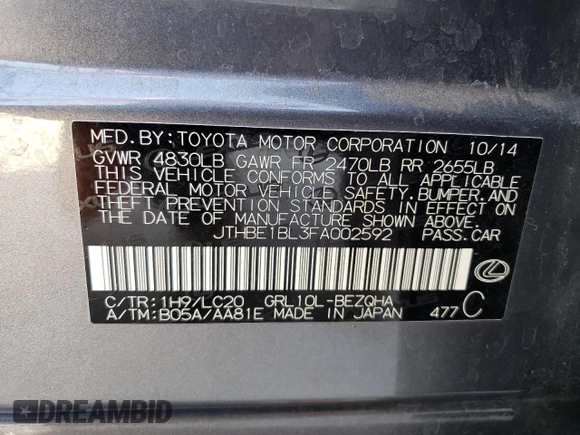 2015 Lexus GS 350 with VIN JTHBE1BL3FA002592, listed as a Copart auction lot 61535083 with 100,543 mi miles. Bid and sale history available at carsss.com. Image 12.