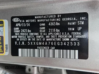 2014 Kia Optima LX with VIN 5XXGM4A76EG342533, listed as a Copart auction lot 59279775 with 108,598 mi miles and Salvage title. Bid and sale history available at DreamBid. Image 12.