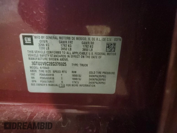 2014 GMC Sierra 1500 SLT with VIN 3GTU2VEC2EG376925, listed as a Copart auction lot 51415765 with 139,104 mi miles and Salvage Title. Bid and sale history available at DreamBid. Image 12.