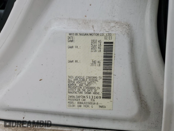 2013 Nissan Altima S with VIN 1N4AL3AP7DN513169, listed as a Copart auction lot 43799575 with 117,157 mi miles and Salvage Title. Bid and sale history available at DreamBid. Image 13.