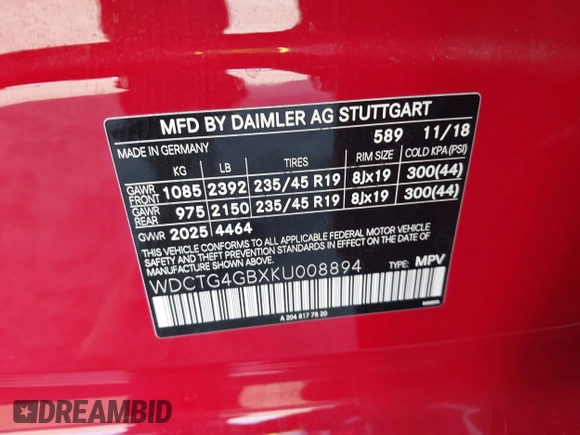 2019 Mercedes-Benz GLA 250 z VIN WDCTG4GBXKU008894, wystawiony jako IAAI lot #41993983 z przebiegiem 62 108 mil mil oraz . Historia ofert i sprzedaży dostępna na DreamBid. Obrazek 9.