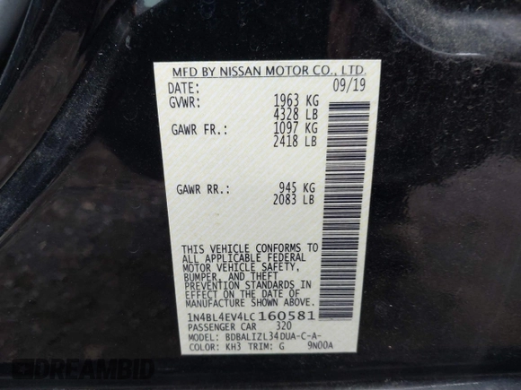 2020 Nissan Altima 2.5 SL with VIN 1N4BL4EV4LC160581, listed as a IAAI auction lot 41499570 with 138,762 mi miles. Bid and sale history available at carsss.com. Image 9.