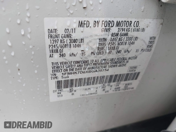 2011 Ford Explorer XLT with VIN 1FMHK7D8XBGA35754, listed as a IAAI auction lot 41563496 with 162,605 mi miles and . Bid and sale history available at carsss.com. Image 9.