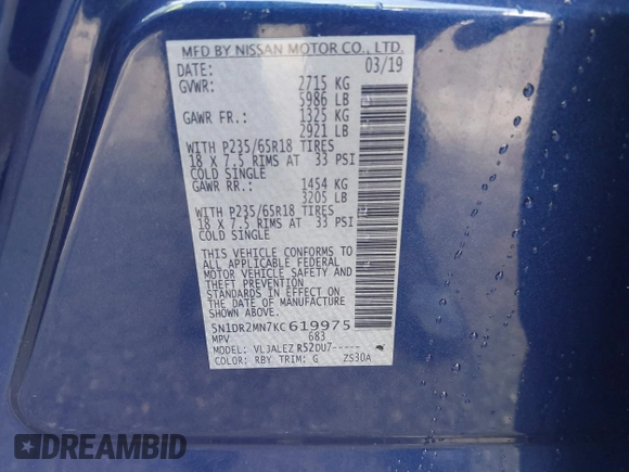 2019 Nissan Pathfinder SV with VIN 5N1DR2MN7KC619975, listed as a IAAI auction lot 39309211 with 120,658 mi miles and . Bid and sale history available at DreamBid. Image 9.