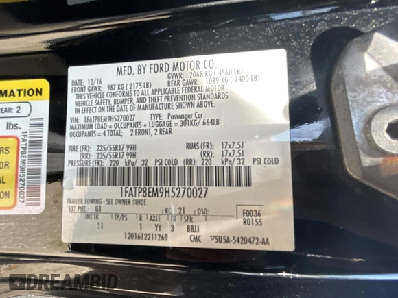 2017 Ford Mustang V6 with VIN 1FATP8EM9H5270027, listed as a Copart auction lot 54631965 with 55,166 mi miles and Salvage Title. Bid and sale history available at carsss.com. Image 10.