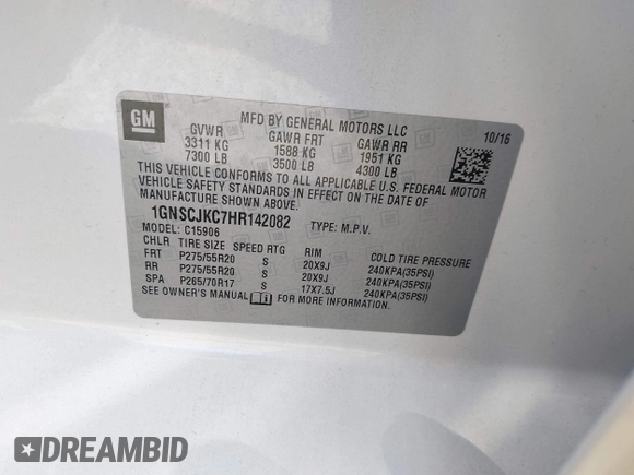 2017 Chevrolet Suburban Premier z VIN 1GNSCJKC7HR142082, wystawiony jako IAAI lot #41749026 z przebiegiem 152 415 mil mil oraz . Historia ofert i sprzedaży dostępna na DreamBid. Obrazek 9.