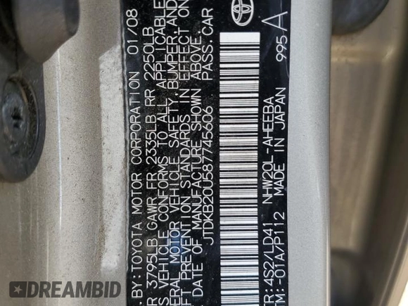 2008 Toyota Prius with VIN JTDKB20U587745606, listed as a Copart auction lot 61840525 with Not provided miles and Clean title. Bid and sale history available at DreamBid. Image 12.