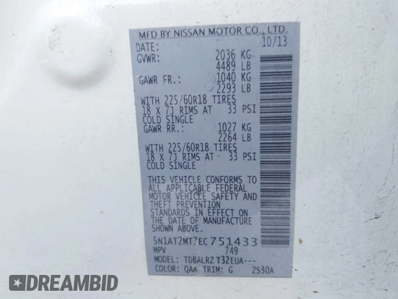 2014 Nissan Rogue SV with VIN 5N1AT2MT7EC751433, listed as a IAAI auction lot 42053564 with 207,476 mi miles and . Bid and sale history available at DreamBid. Image 9.