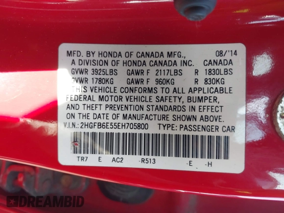2014 Honda Civic Si with VIN 2HGFB6E55EH705800, listed as a IAAI auction lot 42470494 with 129,067 mi miles and . Bid and sale history available at DreamBid. Image 9.