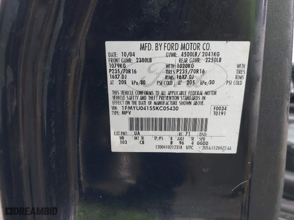 2005 Ford Escape Limited with VIN 1FMYU04155KC05430, listed as a IAAI auction lot 41784958 with 190,822 mi miles. Bid and sale history available at carsss.com. Image 9.
