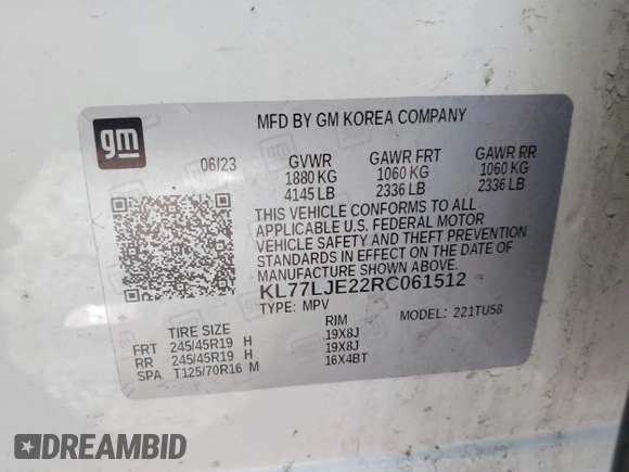 2024 Chevrolet Trax 2RS with VIN KL77LJE22RC061512, listed as a IAAI auction lot 41818671 with 51,461 mi miles and . Bid and sale history available at DreamBid. Image 9.
