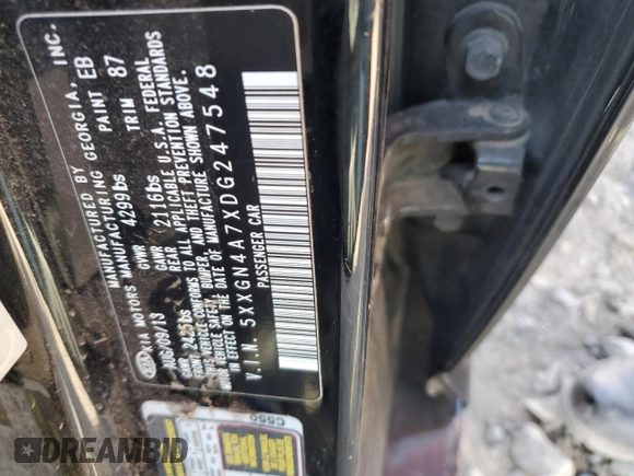 2013 Kia Optima EX with VIN 5XXGN4A7XDG247548, listed as a Copart auction lot 48567965 with Not Provided miles and Salvage Title. Bid and sale history available at carsss.com. Image 12.