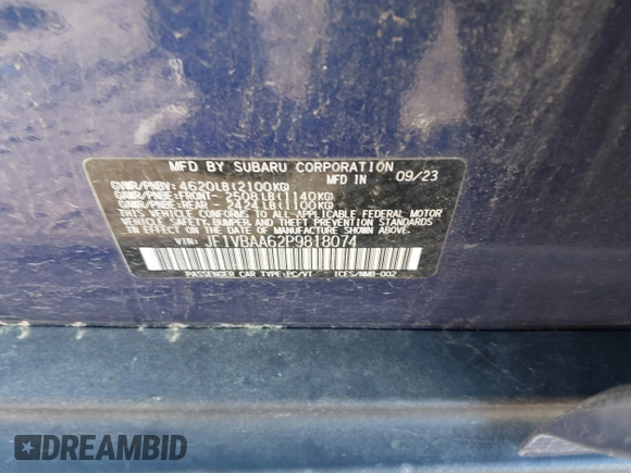 2023 Subaru WRX with VIN JF1VBAA62P9818074, listed as a IAAI auction lot 40939849 with 15,217 mi miles and . Bid and sale history available at DreamBid. Image 9.