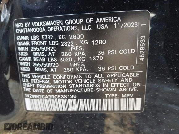 2024 Volkswagen Atlas SE with VIN 1V2WR2CA3RC538136, listed as a IAAI auction lot 42209115 with 23,660 mi miles and . Bid and sale history available at DreamBid. Image 9.