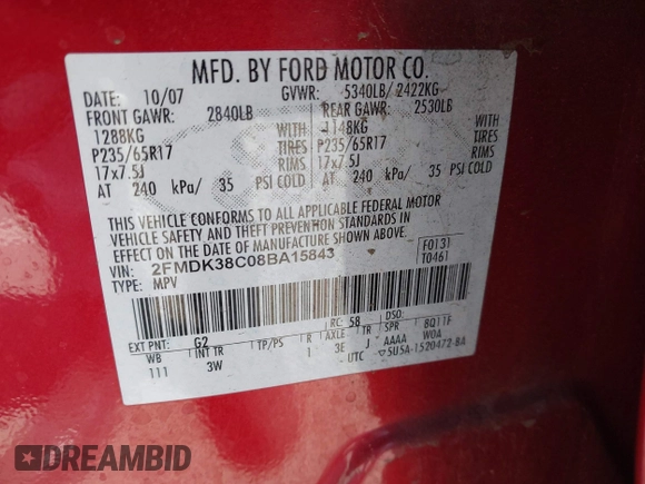 2008 Ford Edge SEL z VIN 2FMDK38C08BA15843, wystawiony jako IAAI lot #42258171 z przebiegiem 215 776 mil mil oraz . Historia ofert i sprzedaży dostępna na DreamBid. Obrazek 9.