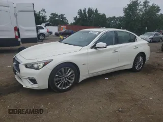 2019 Infiniti Q50 Luxe with VIN JN1EV7AR4KM590201, listed as a Copart auction lot 62864845 with 56,647 mi miles and Salvage title. Bid and sale history available at DreamBid. Image 1.