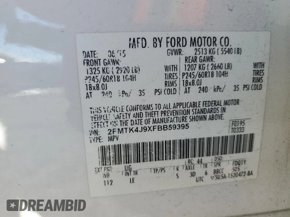 2015 Ford Edge SEL with VIN 2FMTK4J9XFBB59395, listed as a Copart auction lot 45499355 with 144,407 mi miles and Clean Title. Bid and sale history available at carsss.com. Image 16.