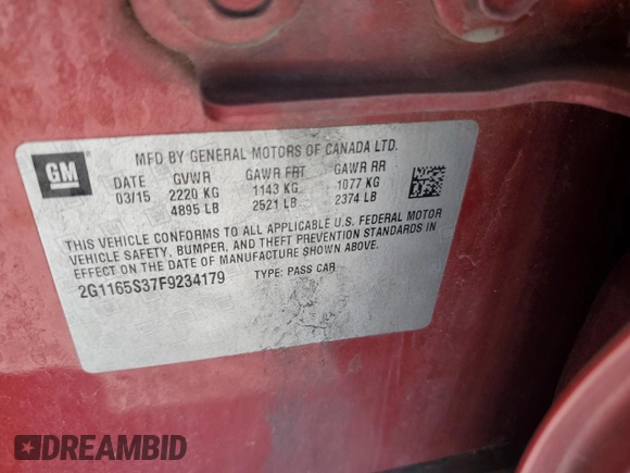 2015 Chevrolet Impala LTZ with VIN 2G1165S37F9234179, listed as a Copart auction lot 53099535 with 176,801 mi miles and Salvage Title. Bid and sale history available at DreamBid. Image 12.