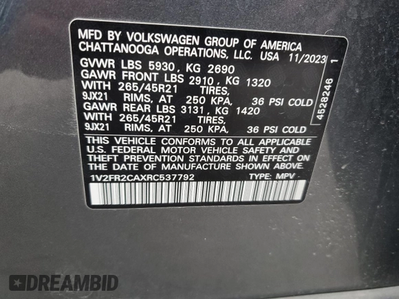 2024 Volkswagen Atlas SEL Premium R-Line with VIN 1V2FR2CAXRC537792, listed as a Copart auction lot 52522895 with 27,211 mi miles and Salvage title. Bid and sale history available at DreamBid. Image 15.