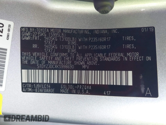 2019 Toyota Sienna XLE Auto Access Seat с VIN 5TDYZ3DCXKS998690, выставлен на аукционе IAAI как лот 42386082 с пробегом 101 687 миль миль и . История ставок и продаж доступна на DreamBid. Изображение 9.