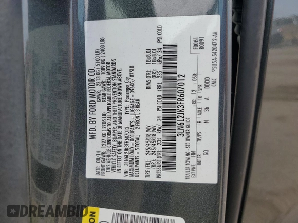 2015 Lincoln MKZ с VIN 3LN6L2JK3FR607012, выставлен на аукционе Copart как лот 60605655 с пробегом 87 347 миль миль и Списание • Salvage title. История ставок и продаж доступна на DreamBid. Изображение 12.