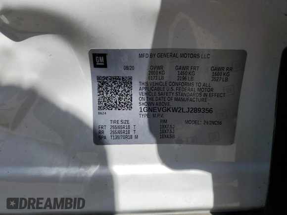 2020 Chevrolet Traverse LT Cloth z VIN 1GNEVGKW2LJ289356, wystawiony jako Copart lot #57358875 z przebiegiem 46 847 mil mil oraz Szkoda całkowita • Salvage title. Historia ofert i sprzedaży dostępna na DreamBid. Obrazek 13.