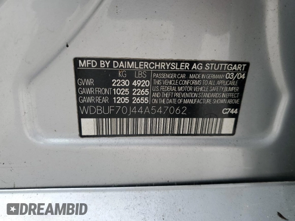 2004 Mercedes-Benz E-Class 5.0L with VIN WDBUF70J44A547062, listed as a Copart auction lot 47140005 with 0 mi miles and Clean Title. Bid and sale history available at carsss.com. Image 12.