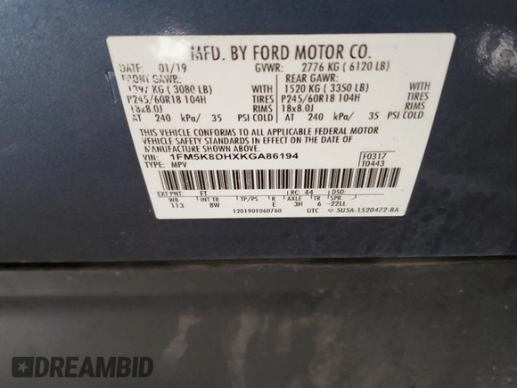 2019 Ford Explorer XLT with VIN 1FM5K8DHXKGA86194, listed as a Copart auction lot 62643405 with 61,774 mi miles and Salvage title. Bid and sale history available at DreamBid. Image 14.