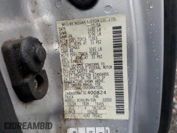 2005 Nissan Frontier SE with VIN 1N6AD06W75C400824, listed as a Copart auction lot 78608404 with 122,934 mi miles and Salvage title. Bid and sale history available at DreamBid. Image 14.