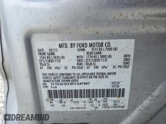 2015 Ford F-150 XLT with VIN 1FTEW1EF8FFA47967, listed as a Copart auction lot 55328255 with 183,511 mi miles and Clean Title. Bid and sale history available at carsss.com. Image 12.