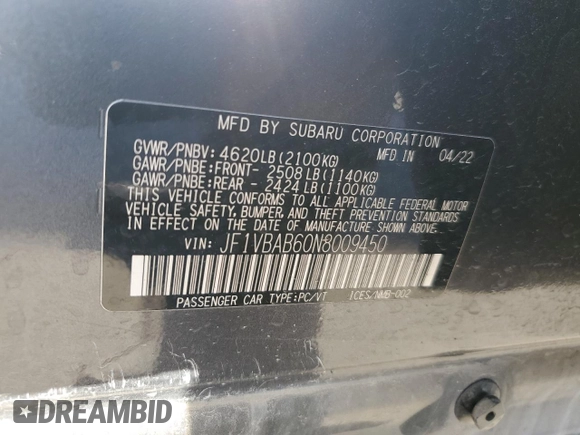 2022 Subaru WRX z VIN JF1VBAB60N8009450, wystawiony jako Copart lot #84662414 z przebiegiem 63 158 mil mil oraz Szkody całkowita. Historia ofert i sprzedaży dostępna na DreamBid. Obrazek 12.