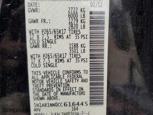 2012 Nissan Pathfinder SV with VIN 5N1AR1NN0CC616445, listed as a Copart auction lot 43601995 with 0 mi miles and Salvage Title. Bid and sale history available at carsss.com. Image 16.