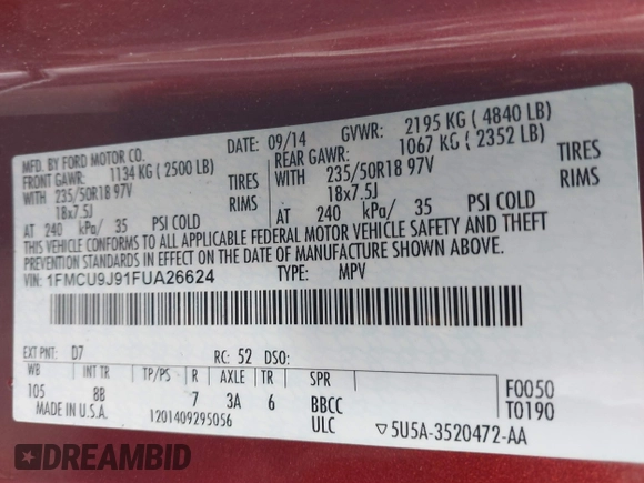 2015 Ford Escape Titanium with VIN 1FMCU9J91FUA26624, listed as a IAAI auction lot 40854175 with 132,313 mi miles. Bid and sale history available at carsss.com. Image 9.