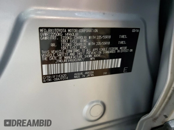 2016 Toyota RAV4 Limited with VIN JTMDJREV4GD028877, listed as a Copart auction lot 83225434 with 90,502 mi miles and Salvage title. Bid and sale history available at DreamBid. Image 13.