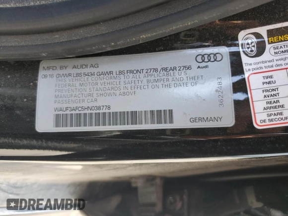 2017 Audi A6 Competition Prestige with VIN WAUF3AFC5HN038778, listed as a Copart auction lot 56790373 with 0 mi miles. Bid and sale history available at carsss.com. Image 12.