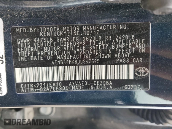 2018 Toyota Camry LE with VIN 4T1B11HK8JU547525, listed as a Copart auction lot 58334445 with 120,602 mi miles and Salvage title. Bid and sale history available at DreamBid. Image 12.