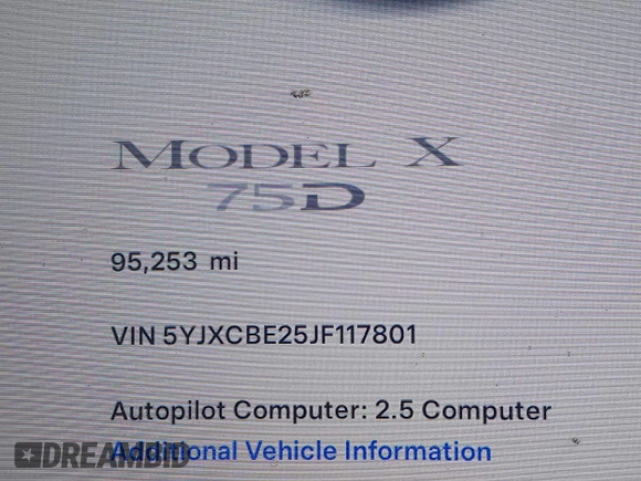2018 Tesla Model X 75D with VIN 5YJXCBE25JF117801, listed as a IAAI auction lot 41798116 with 95,253 mi miles. Bid and sale history available at carsss.com. Image 15.