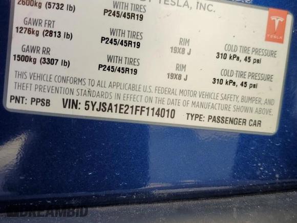 2015 Tesla Model S 85D with VIN 5YJSA1E21FF114010, listed as a Copart auction lot 48597885 with 196,670 mi miles and Salvage Title. Bid and sale history available at carsss.com. Image 12.