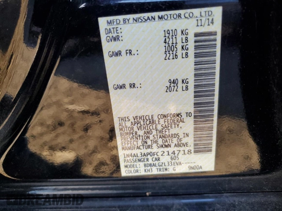 2015 Nissan Altima SV with VIN 1N4AL3AP0FC214718, listed as a Copart auction lot 59132484 with 148,920 mi miles and Salvage Title. Bid and sale history available at DreamBid. Image 14.