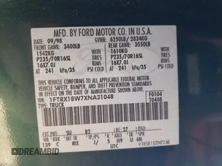 1999 Ford F-150 с VIN 1FTRX18W7XNA31048, выставлен на аукционе Copart как лот 87051164 с пробегом Не указан миль и Списание • Salvage title. История ставок и продаж доступна на DreamBid. Изображение 14.