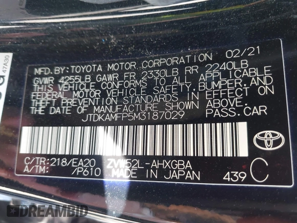 2021 Toyota Prius LE с VIN JTDKAMFP5M3187029, выставлен на аукционе IAAI как лот 41985248 с пробегом 16 419 миль миль и . История ставок и продаж доступна на DreamBid. Изображение 9.