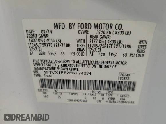 2014 Ford F-150 XL с VIN 1FTVX1EF2EKF74034, выставлен на аукционе IAAI как лот 42564771 с пробегом 128 012 миль миль и . История ставок и продаж доступна на DreamBid. Изображение 2.