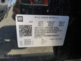 2021 Chevrolet Suburban LT z VIN 1GNSCCKD5MR333272, wystawiony jako Copart lot #58409275 z przebiegiem Nie podano mil oraz Szkoda całkowita • Salvage title. Historia ofert i sprzedaży dostępna na DreamBid. Obrazek 13.