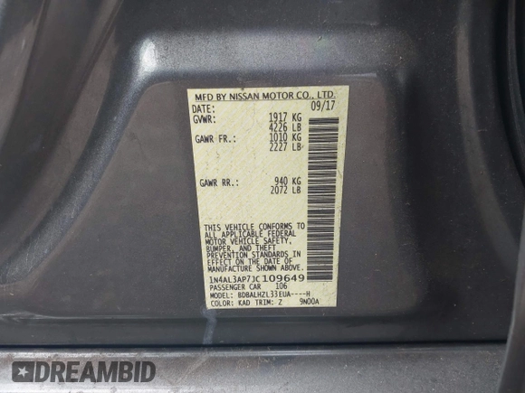 2018 Nissan Altima SV with VIN 1N4AL3AP7JC109649, listed as a IAAI auction lot 41803257 with 111,181 mi miles and . Bid and sale history available at DreamBid. Image 9.