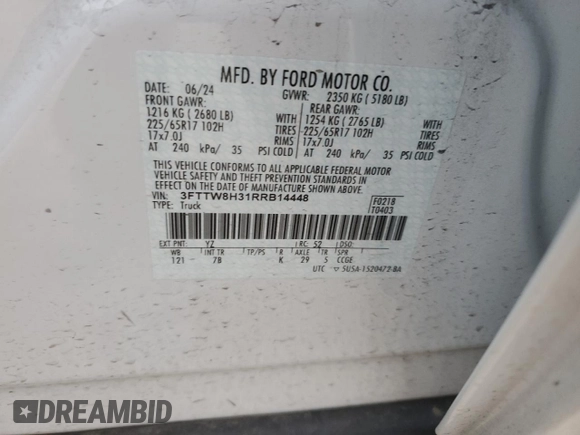 2024 Ford Maverick XLT z VIN 3FTTW8H31RRB14448, wystawiony jako Copart lot #44306625 z przebiegiem 9 438 mil mil oraz Szkoda całkowita • Salvage title. Historia ofert i sprzedaży dostępna na DreamBid. Obrazek 13.