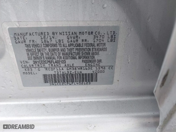 2015 Nissan Versa Note S with VIN 3N1CE2CP6FL402123, listed as a IAAI auction lot 41101747 with 97,292 mi miles. Bid and sale history available at carsss.com. Image 9.
